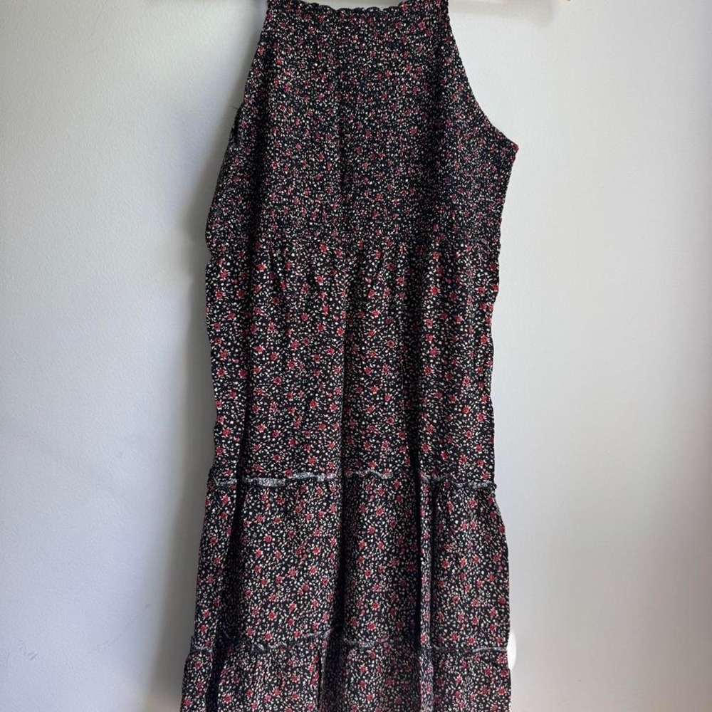 Liberty Love Maternity dress with small red and white floral print on black